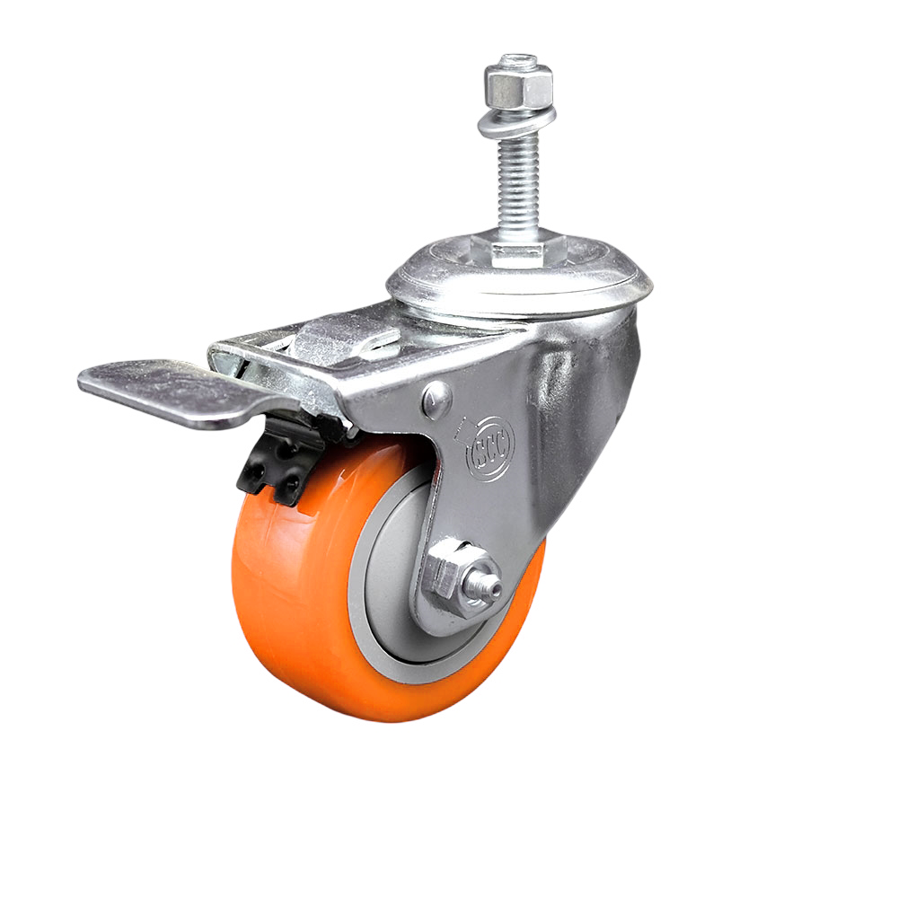 Polyurethane Swivel Threaded Stem Caster w/3" x 1.25" Orange Wheel and 10mm Stem & Total Locking Brake - 300 lbs Capacity/Caster - Service Caster Brand — photo 1