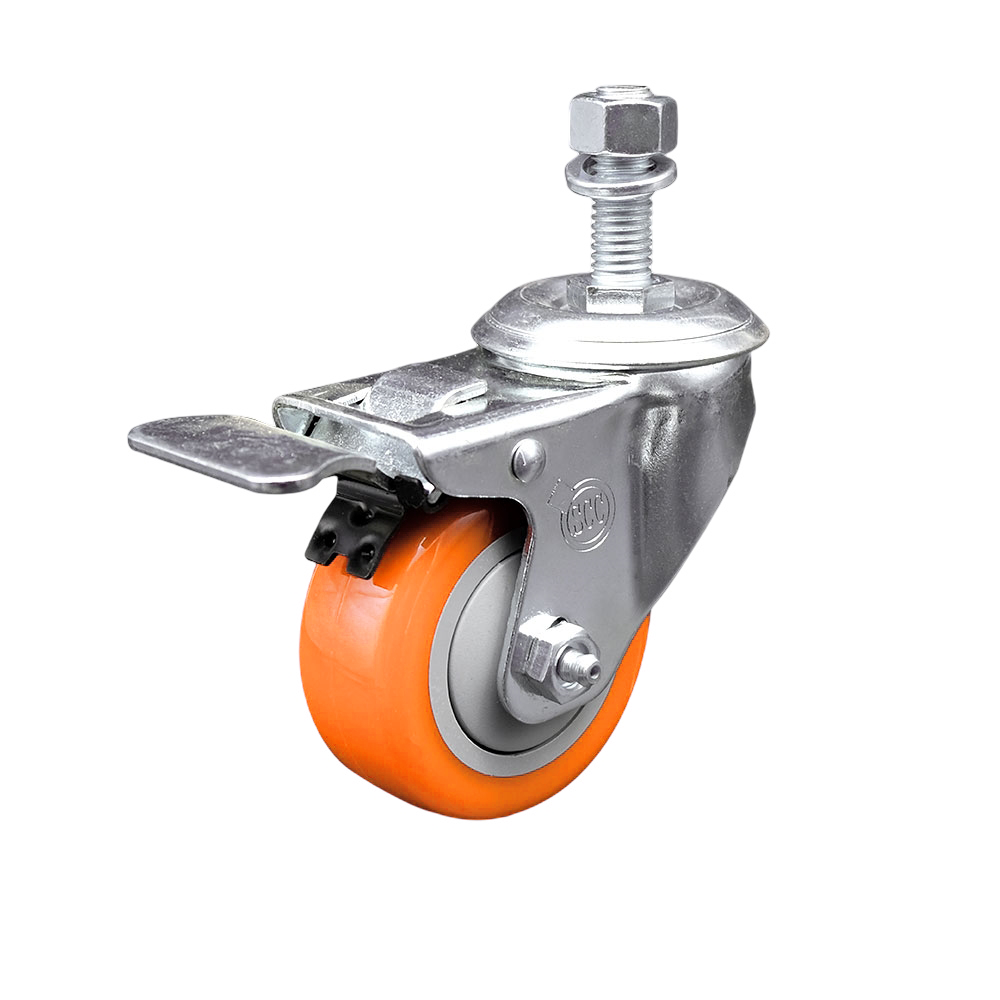 Polyurethane Swivel Stem Caster with 3 Inch Orange Caster Wheel and Total Lock Brake - 12mm Metric Threaded Stem - 316 Stainless Steel Caster - 300 lbs. Capacity Per Caster - Service Caster Brand — photo 1
