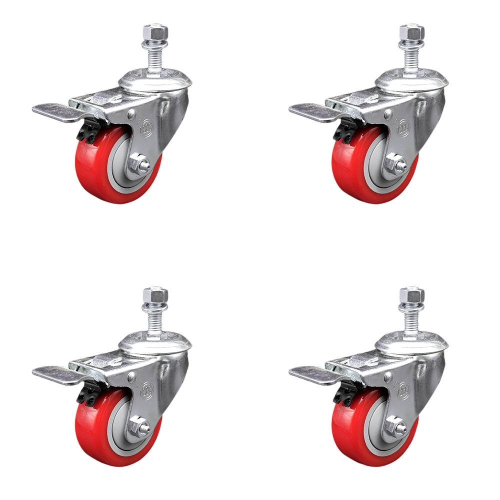 Polyurethane Swivel Threaded Stem Caster Set of 4 w/3" x 1.25" Red Wheels and 1/2" Stems - Includes 4 with Total Lock Brakes - 1200 lbs Total Capacity - Service Caster Brand — photo 1