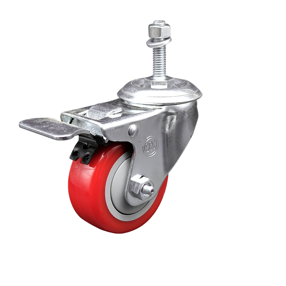 3" Swivel Caster with 3/8" Threaded Stem, Red Polyurethane Wheel and Total Lock Brake - 300 lbs. Capacity - Service Caster Brand — photo 1