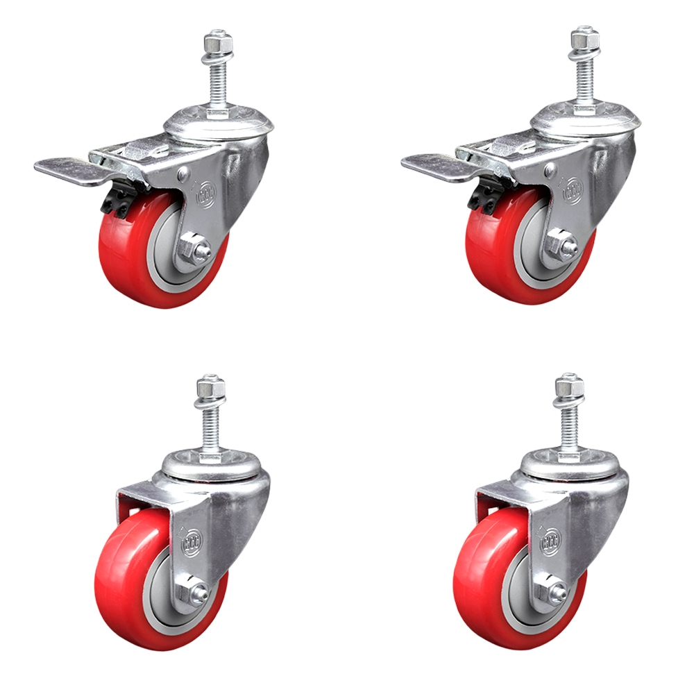 Polyurethane Swivel Threaded Stem Caster Set of 4 w/3" x 1.25" Red Wheels and 10mm Stems - Includes 2 with Total Locking Brake - 1200 lbs Total Capacity - Service Caster Brand — photo 1