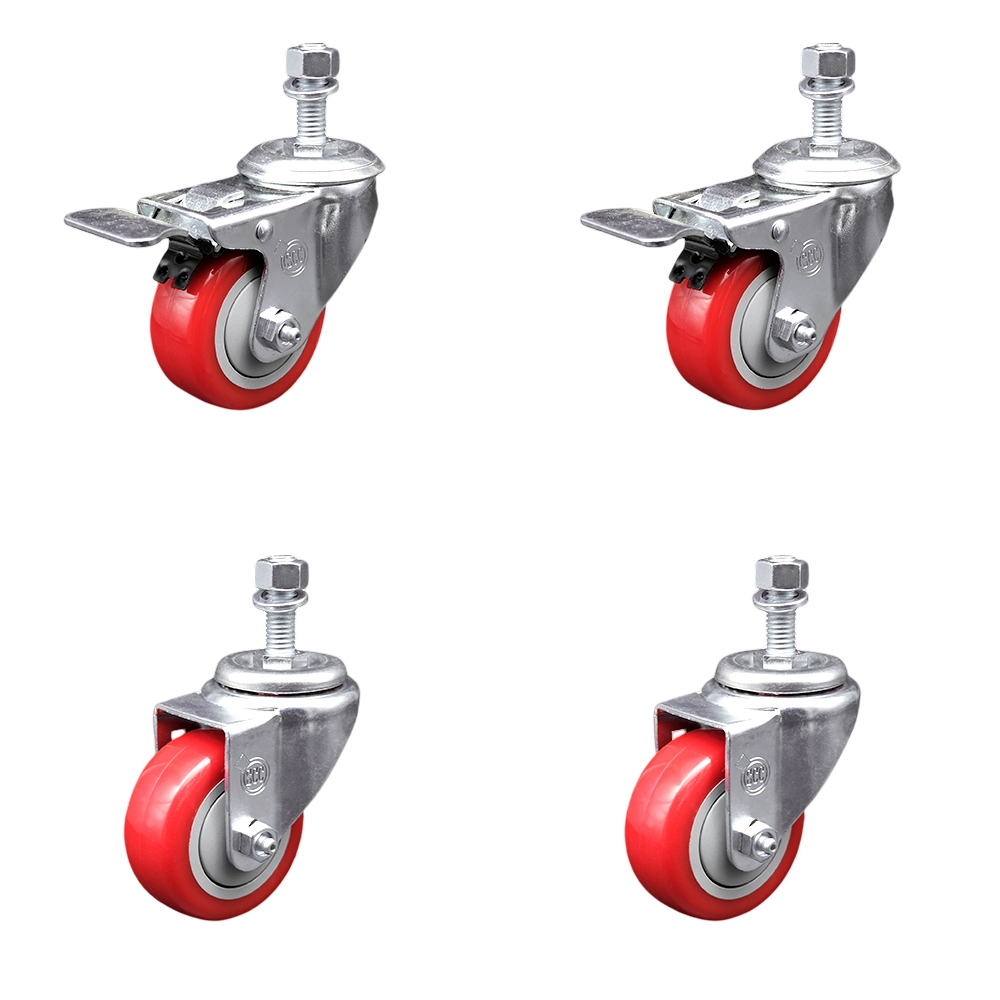 Polyurethane Swivel Threaded Stem Caster Set of 4 w/3" x 1.25" Red Wheels and 12mm Stems - Includes 2 with Total Locking Brake - 1200 lbs Total Capacity - Service Caster Brand — photo 1
