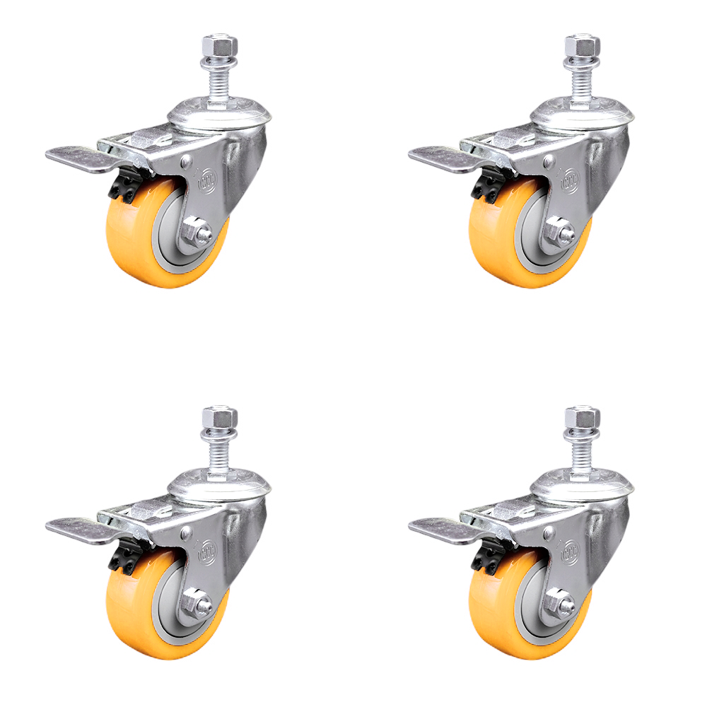 Polyurethane Swivel Stem Caster Set of 4 with 3 Inch Yellow Caster Wheels - 1/2" Threaded Stems - 316 Stainless Steel Casters - Includes 4 Swivel Casters with Total Lock Brakes - Service Caster Brand — photo 1