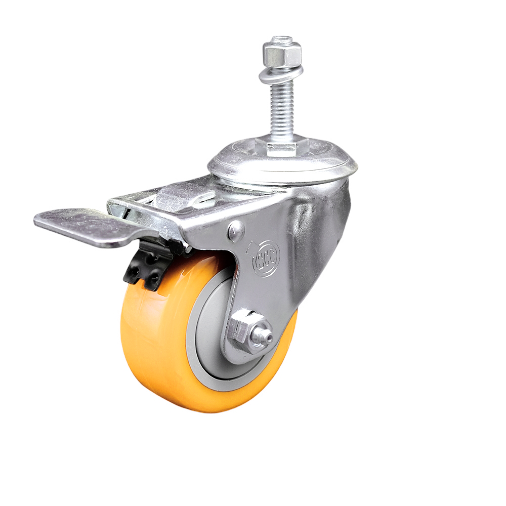 Polyurethane Swivel Stem Caster with 3 Inch Yellow Caster Wheel and Total Lock Brake - 3/8" Threaded Stem - 316 Stainless Steel Caster - 300 lbs. Capacity Per Caster - Service Caster Brand — photo 1
