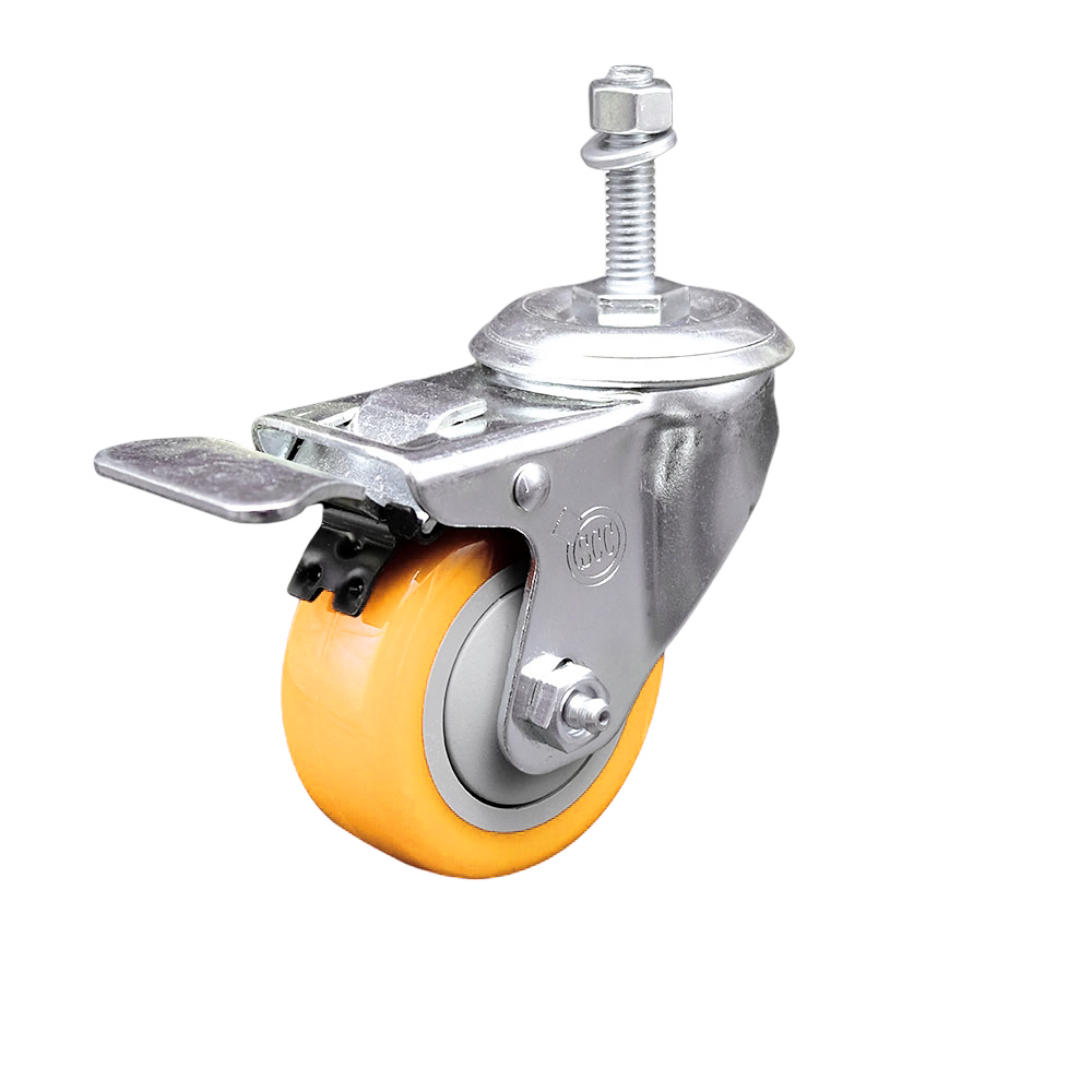 Polyurethane Swivel Stem Caster with 3 Inch Yellow Caster Wheel and Total Lock Brake - 10mm Metric Threaded Stem - 316 Stainless Steel Caster - 300 lbs. Capacity Per Caster - Service Caster Brand — photo 1