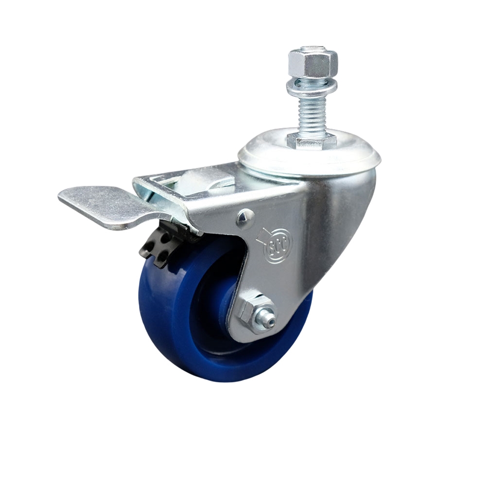 3" Swivel Caster with 1/2" Threaded Stem, Blue Solid Polyurethane Wheel and Total Lock Brake -300 lbs. Capacity - Service Caster Brand — photo 1