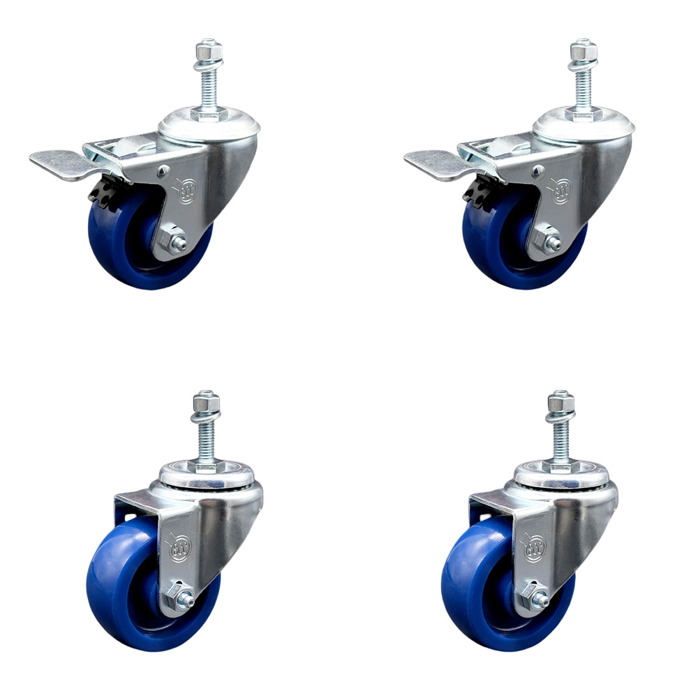 Solid Polyurethane Swivel Threaded Stem Caster Set of 4 w/3" x 1.25" Blue Wheels and 3/8" Stems - Includes 2 with Total Locking Brake - 1200 lbs Total Capacity - Service Caster Brand — photo 1