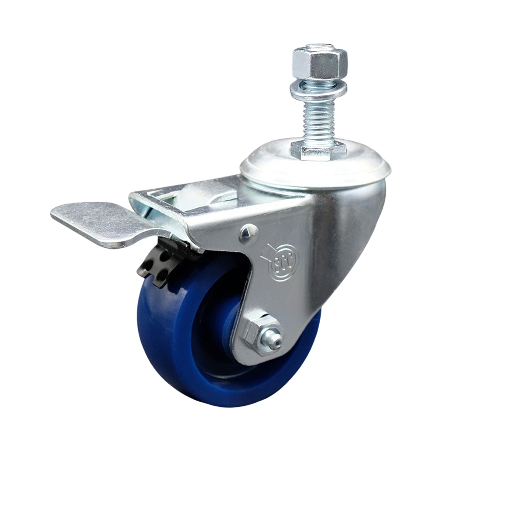 Solid Polyurethane Swivel Threaded Stem Caster w/3" x 1.25" Blue Wheel and 12MM Metric Stem & Total Locking Brake - 300 lbs Capacity/Caster - Service Caster Brand — photo 1