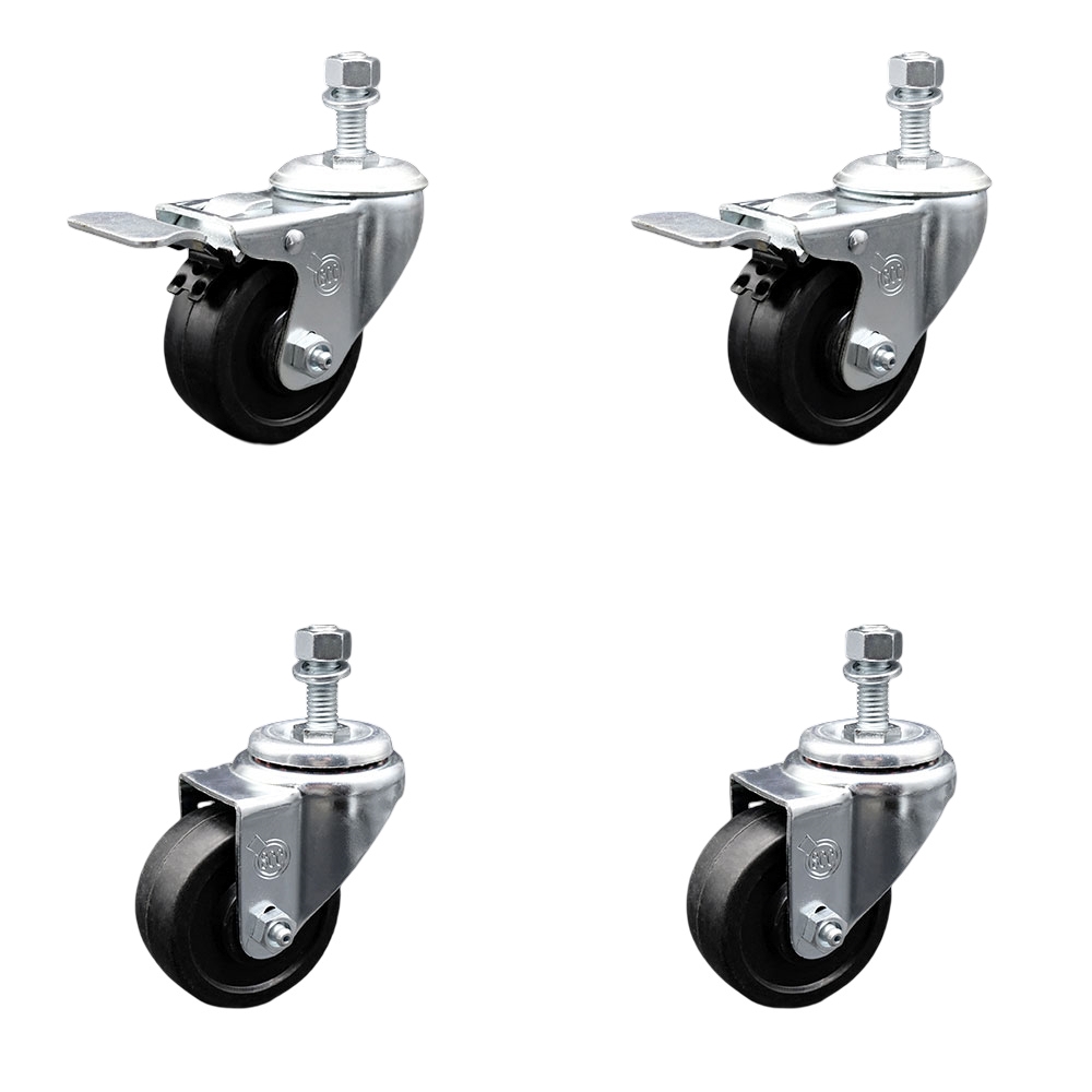 Soft Rubber Swivel Threaded Stem Caster Set of 4 w/3" x 1.25" Black Wheels and 1/2" Stems - Includes 2 with Total Locking Brake - 700 lbs Total Capacity - Service Caster Brand — photo 1