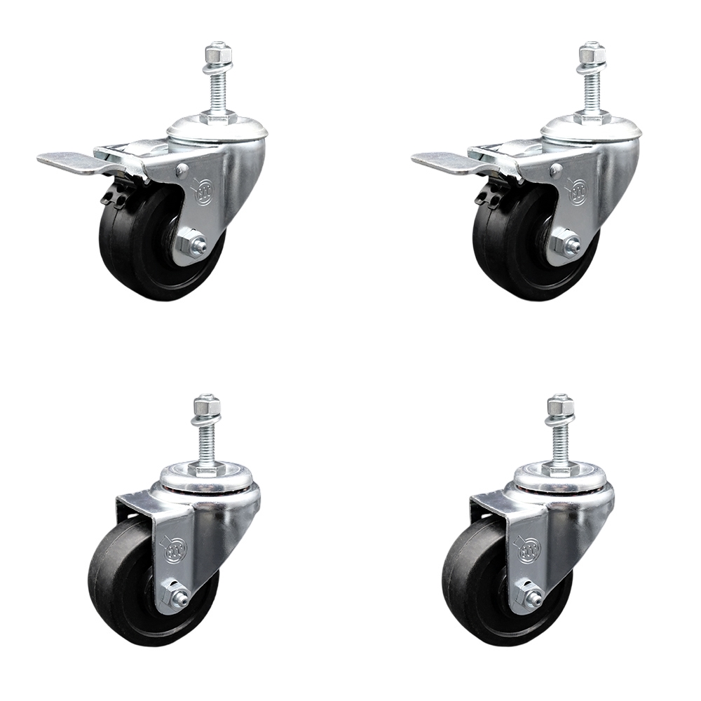 Soft Rubber Swivel Threaded Stem Caster Set of 4 w/3" x 1.25" Black Wheels and 3/8" Stems - Includes 2 with Total Locking Brake - 700 lbs Total Capacity - Service Caster Brand — photo 1