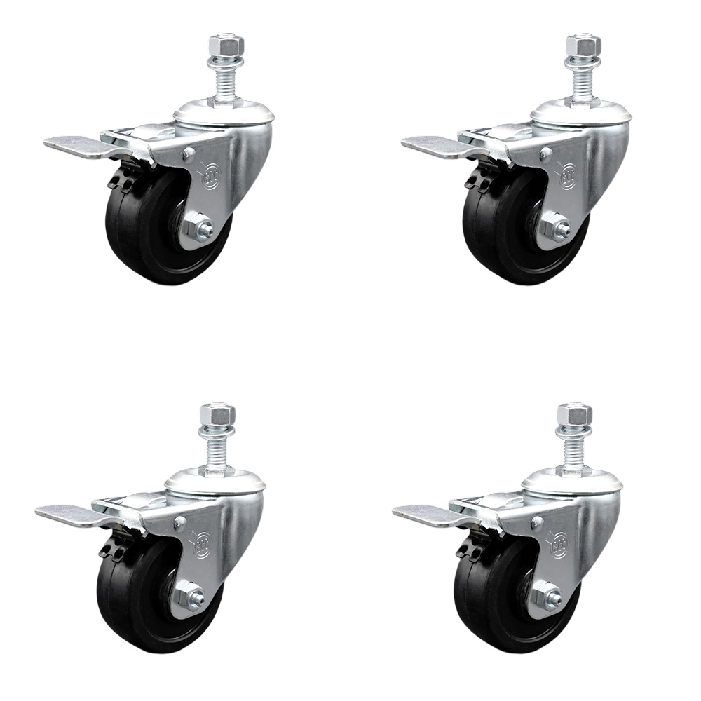 Soft Rubber Swivel Threaded Stem Caster Set of 4 w/3" x 1.25" Black Wheels and 3/8" Stems - Includes 4 with Total Lock Brakes - 700 lbs Total Capacity - Service Caster Brand — photo 1