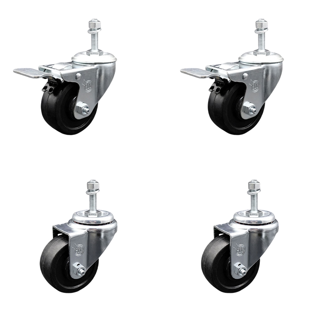 Soft Rubber Swivel Threaded Stem Caster Set of 4 w/3" x 1.25" Black Wheels and 10MM Metric Stems - Includes 2 with Total Locking Brake - 700 lbs Total Capacity - Service Caster Brand — photo 1