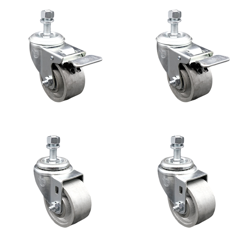 Semi Steel Cast Iron Swivel Threaded Stem Caster Set of 4 - 3" x 1.25" Silver Wheels and 1/2" Stems - Includes 2 with Total Locking Brake - 1200 lbs Total Capacity - Service Caster Brand — photo 1