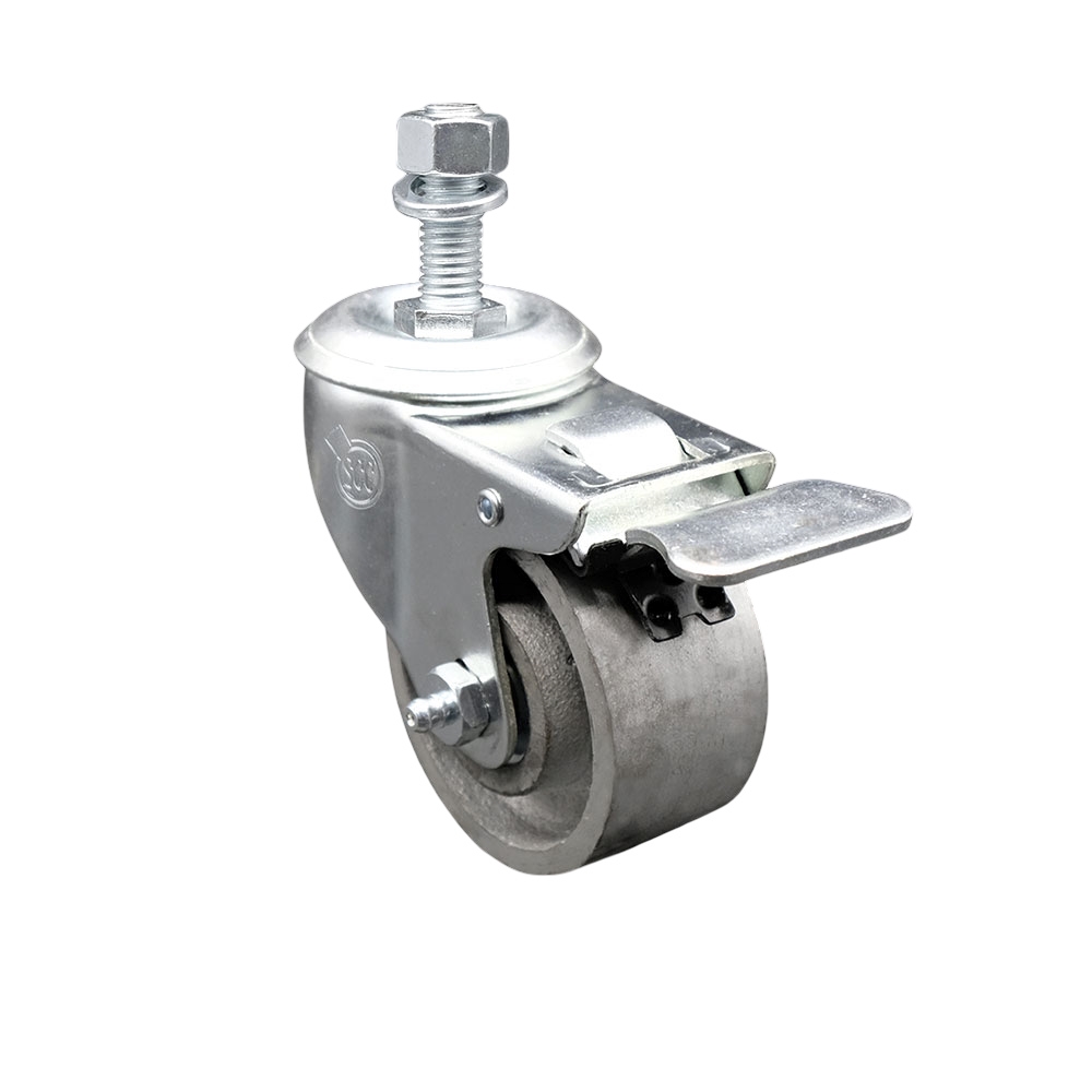 Semi Steel Cast Iron Swivel Threaded Stem Caster - 3" x 1.25" Silver Wheel and 1/2" Stem & Total Locking Brake - 300 lbs Capacity/Caster - Service Caster Brand — photo 1