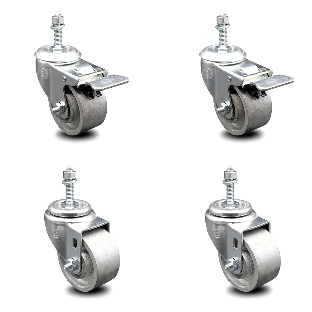 Semi Steel Cast Iron Swivel Threaded Stem Caster Set of 4 - 3" x 1.25" Silver Wheels and 10MM Metric Stems - Includes 2 with Total Locking Brake - 1200 lbs Total Capacity - Service Caster Brand — photo 1