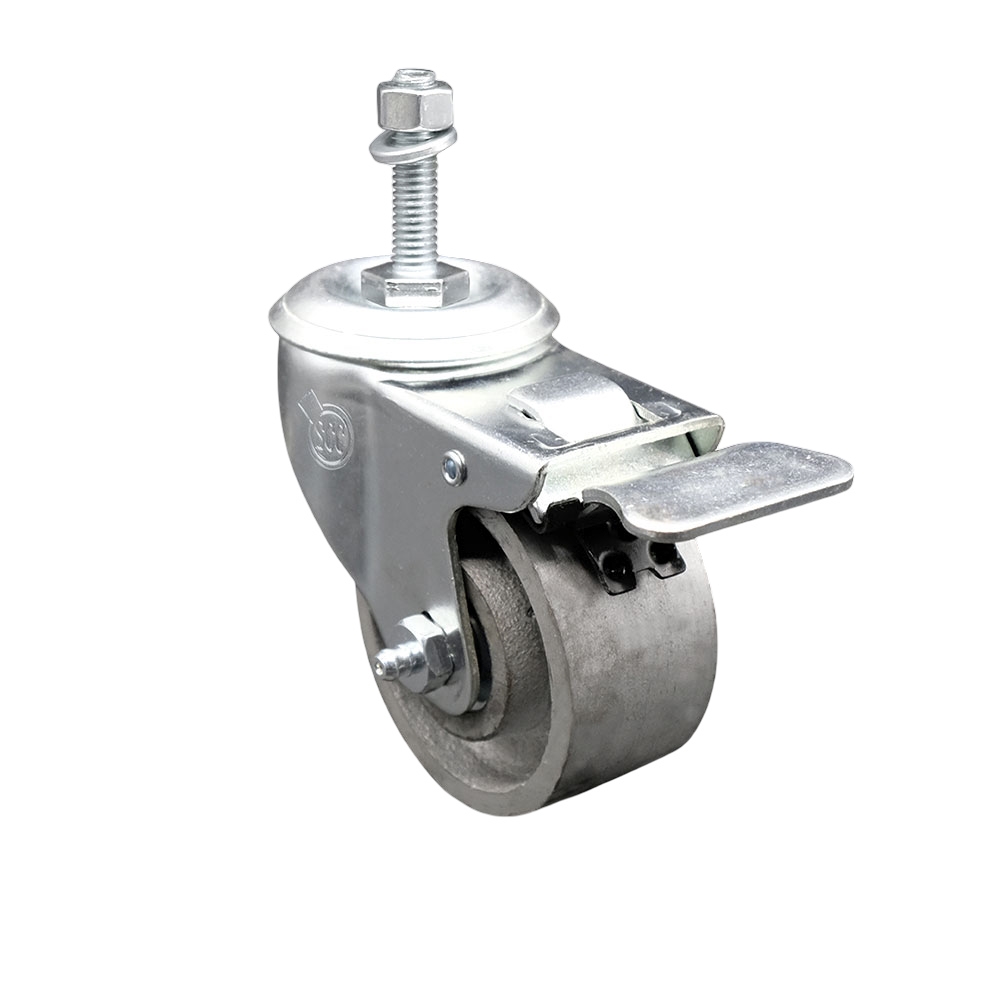 Semi Steel Cast Iron Swivel Threaded Stem Caster - 3" x 1.25" Silver Wheel and 10MM Metric Stem & Total Locking Brake - 300 lbs Capacity/Caster - Service Caster Brand — photo 1