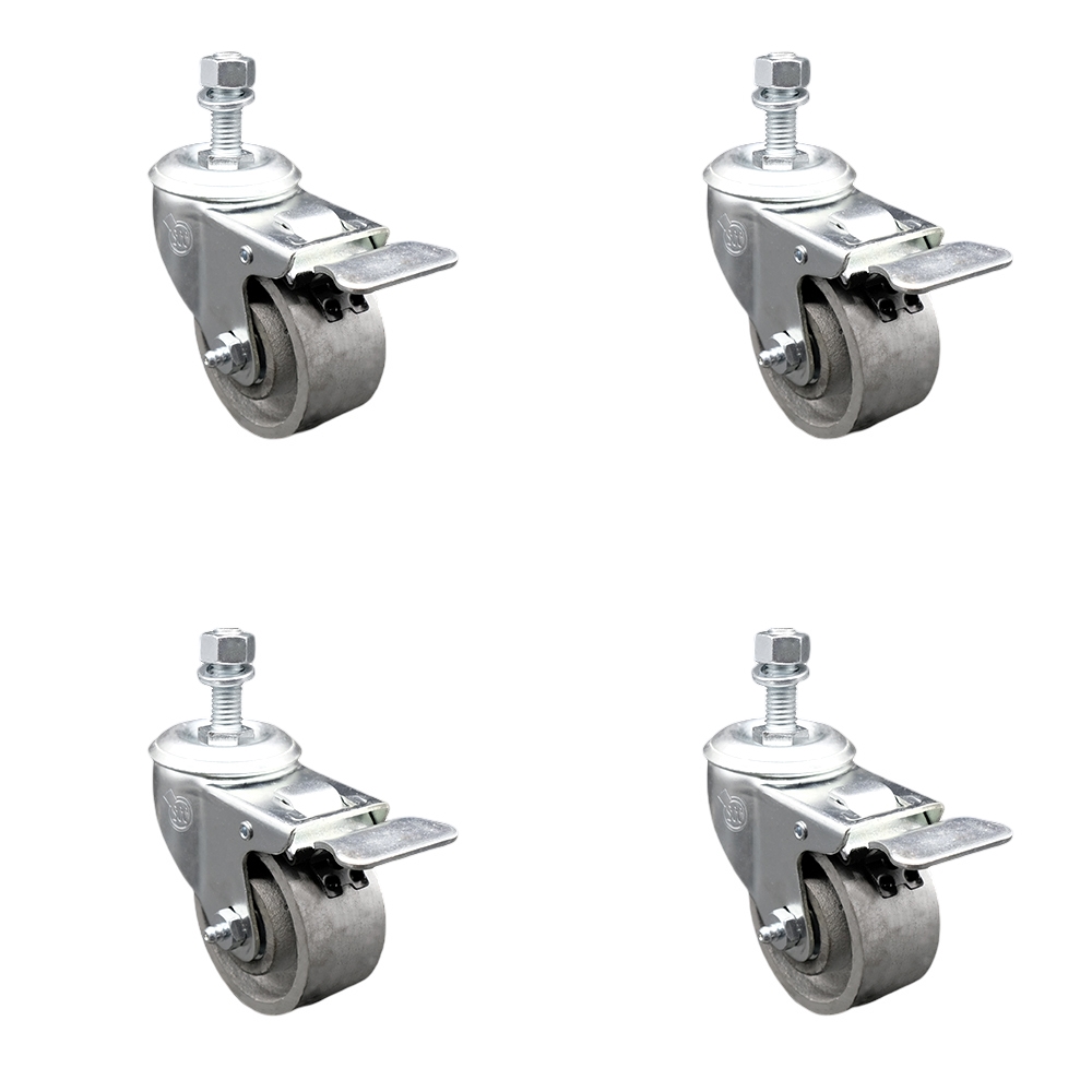 Semi Steel Cast Iron Swivel Threaded Stem Caster Set of 4 w/3" x 1.25" Silver Wheels and 12mm Stems - Includes 4 with Total Lock Brakes - 1200 lbs Total Capacity - Service Caster Brand — photo 1