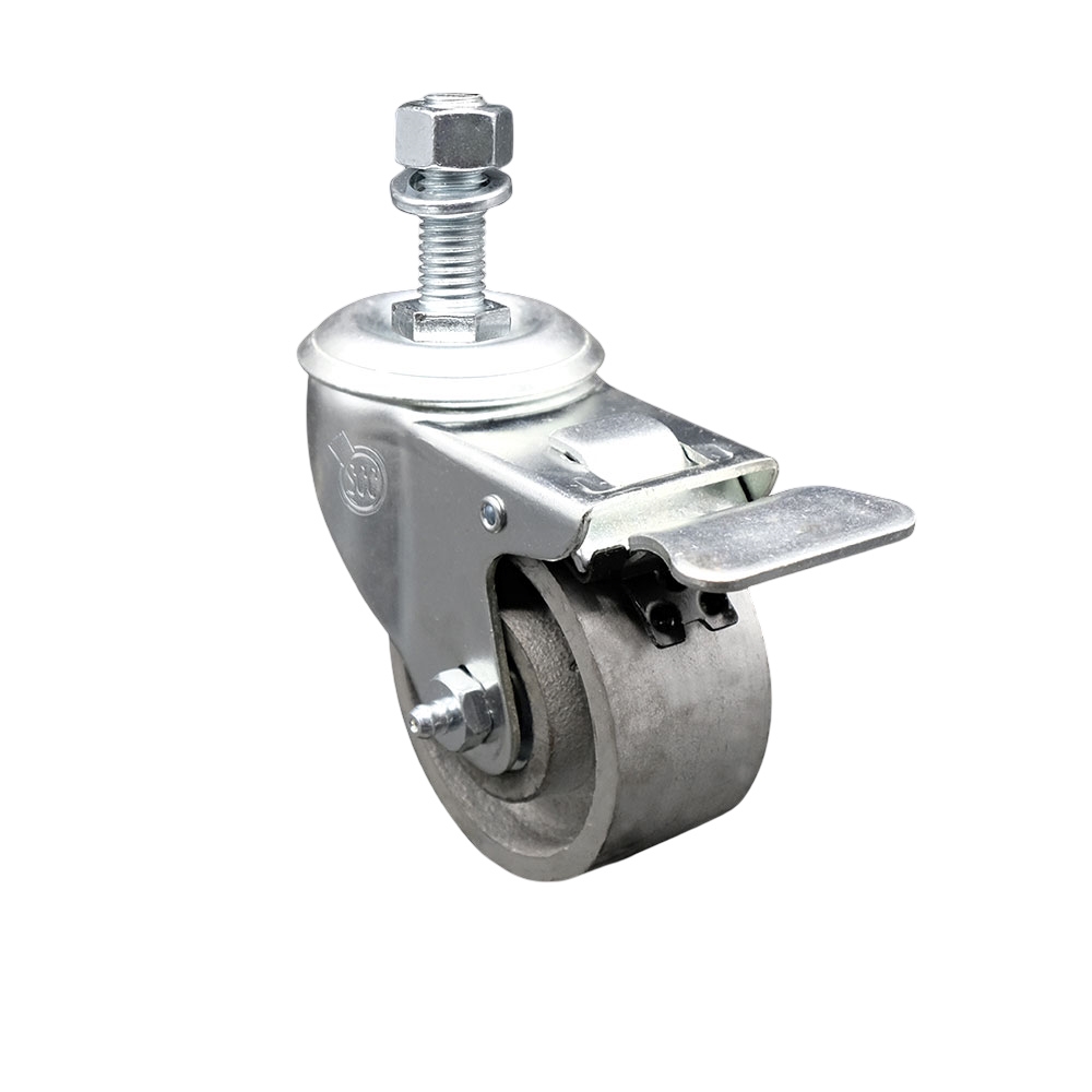 Semi Steel Cast Iron Swivel Threaded Stem Caster - 3" x 1.25" Silver Wheel and 12MM Metric Stem & Total Locking Brake - 300 lbs Capacity/Caster - Service Caster Brand — photo 1