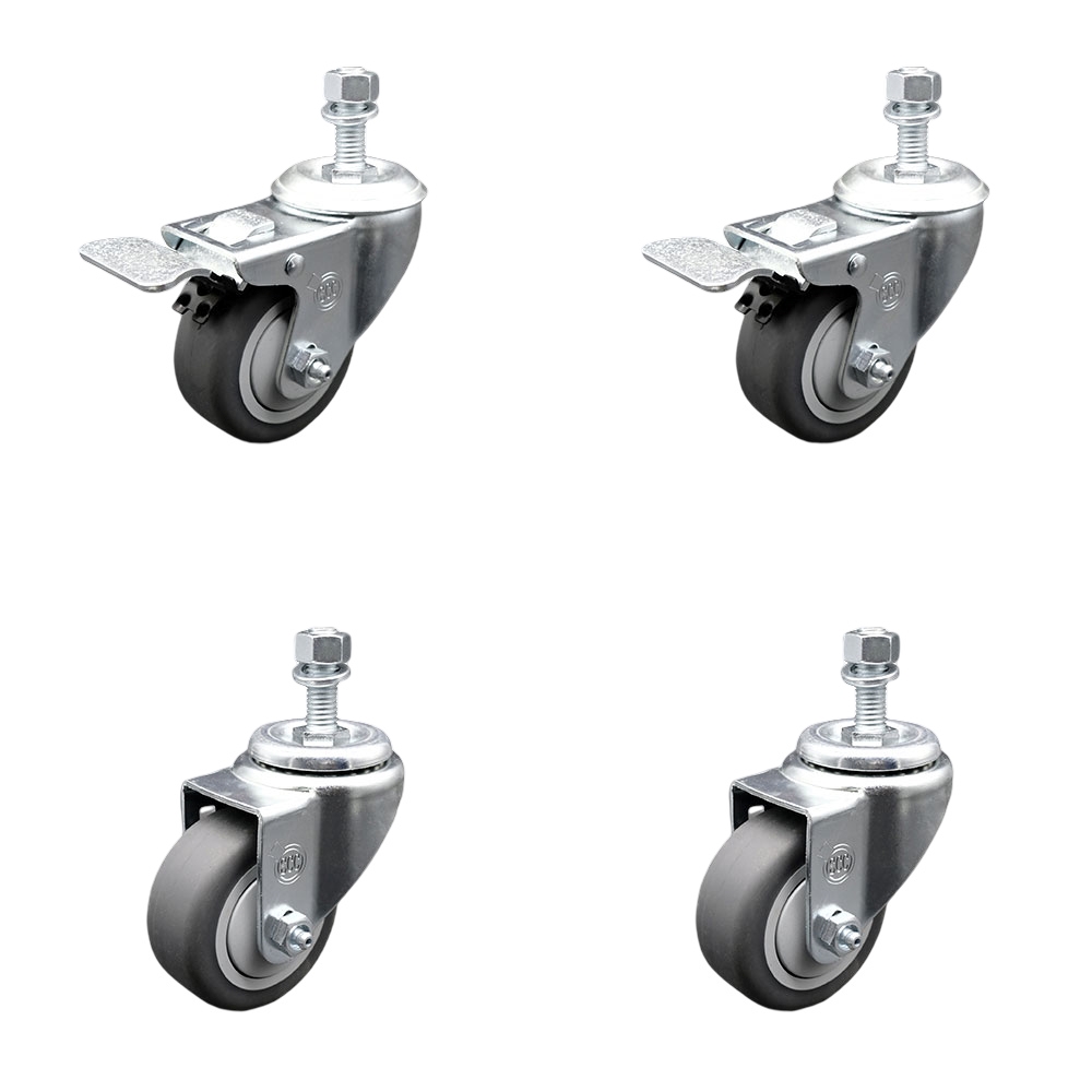 Thermoplastic Rubber Swivel Threaded Stem Caster Set of 4 - 3" x 1.25" Gray Wheels and 1/2" Stems - Includes 2 with Total Locking Brake - 840 lbs Total Capacity - Service Caster Brand — photo 1