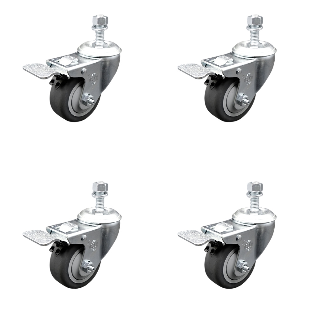 Thermoplastic Rubber Swivel Threaded Stem Caster Set of 4 w/3" x 1.25" Gray Wheels and 3/8" Stems - Includes 4 with Total Lock Brakes - 840 lbs Total Capacity - Service Caster Brand — photo 1