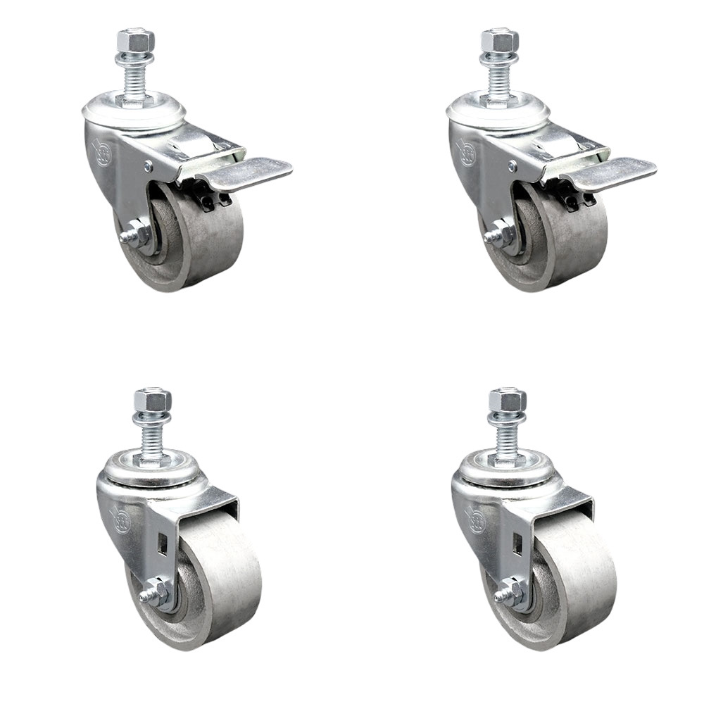 Semi Steel Cast Iron Swivel Threaded Stem Caster Set of 4 w/Roller Bearing - 3" x 1.5" Silver Wheels and 1/2" Stems - Includes 2 with Total Locking Brake - 1200 lbs Total Capacity-Service Caster Brand — photo 1