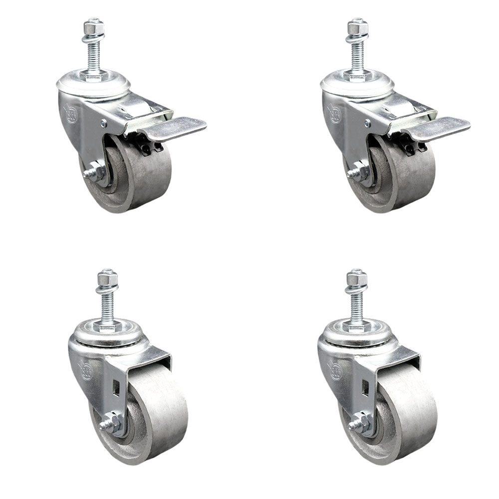 Semi Steel Cast Iron Swivel Threaded Stem Caster Set of 4 w/Roller Bearing - 3" x 1.5" Silver Wheels and 3/8" Stems - Includes 2 with Total Locking Brake - 1200 lbs Total Capacity-Service Caster Brand — photo 1
