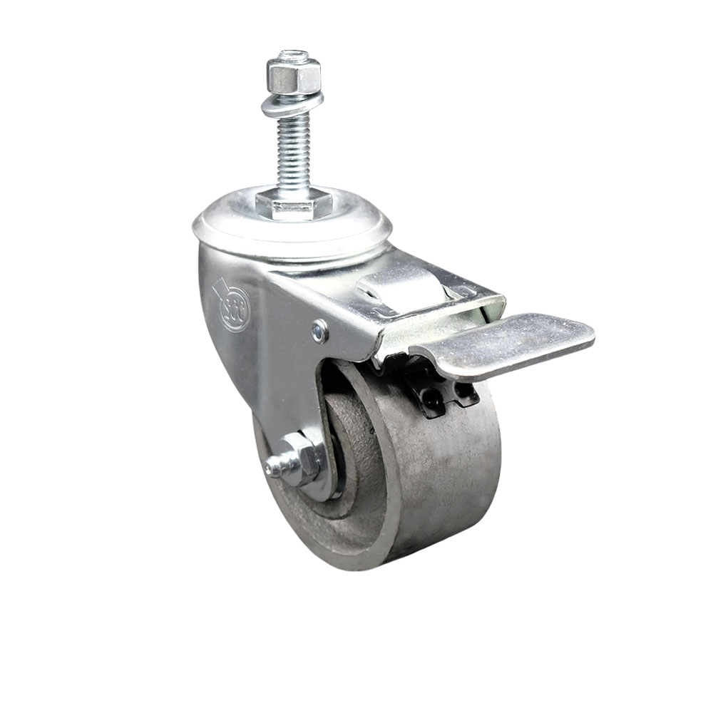 Semi Steel Cast Iron Swivel Threaded Stem Caster w/Roller Bearing - 3" x 1.5" Silver Wheel and 3/8" Stem & Total Locking Brake - 300 lbs Capacity/Caster - Service Caster Brand — photo 1