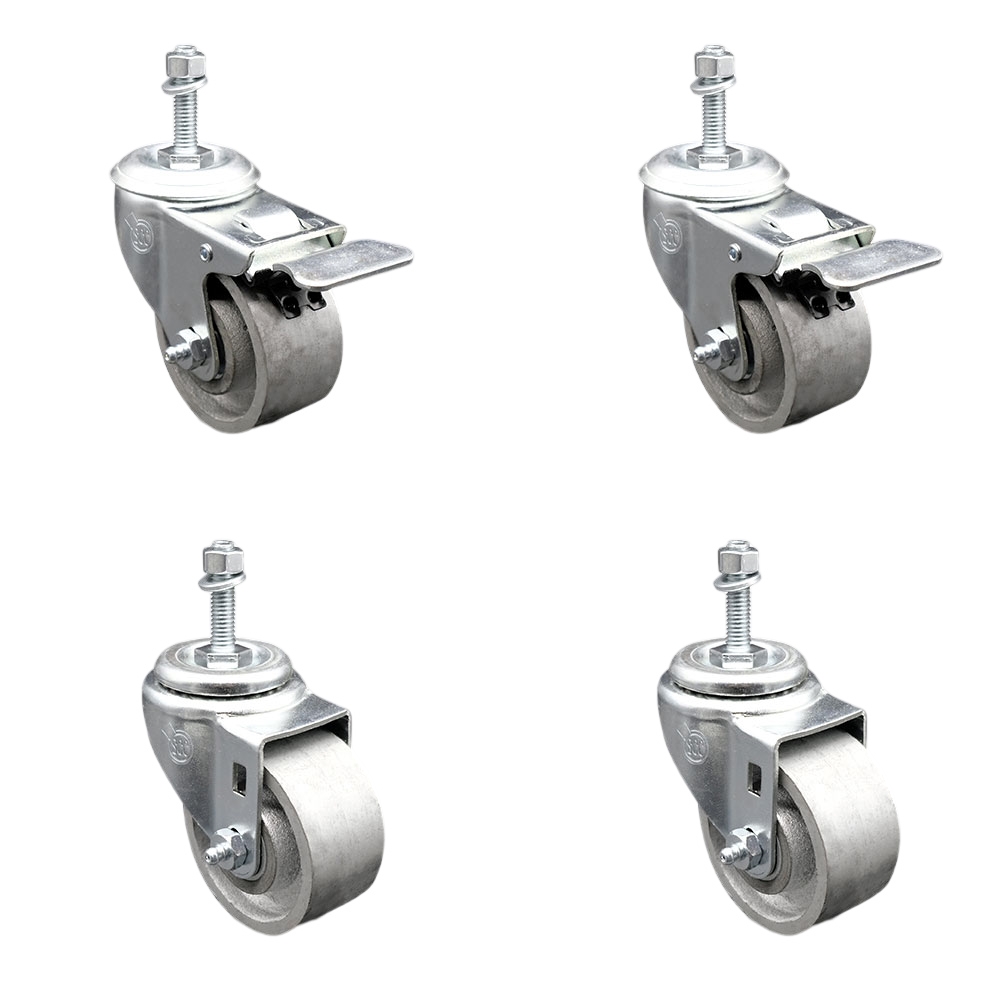 Semi Steel Cast Iron Swivel Threaded Stem Caster Set 4 w/Roller Bearing - 3" x 1.5" Silver Wheels & 10MM Metric Stems-Includes 2 with Total Locking Brake - 1200 lbs Total Capacity-Service Caster Brand — photo 1