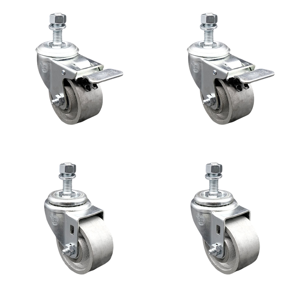 Semi Steel Cast Iron Swivel Threaded Stem Caster Set 4 w/Roller Bearing - 3" x 1.5" Silver Wheels & 12MM Metric Stems-Includes 2 with Total Locking Brake - 1200 lbs Total Capacity-Service Caster Brand — photo 1