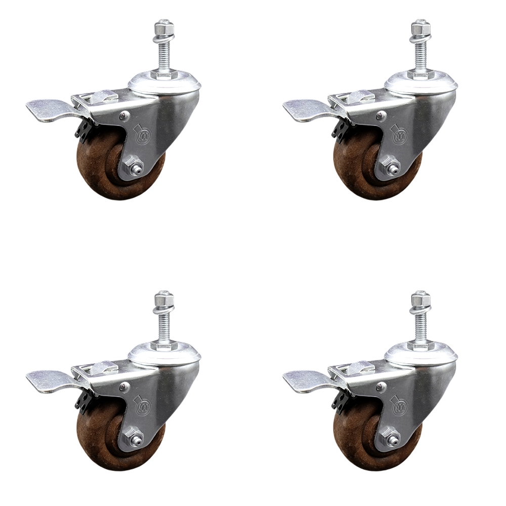 High Temp Glass Filled Nylon Swivel Threaded Stem Caster Set of 4 w/3.5" x 1.25" Brown Wheels and 3/8" Stems - Includes 4 with Total Lock Brakes - 1400 lbs Total Capacity - Service Caster Brand — photo 1