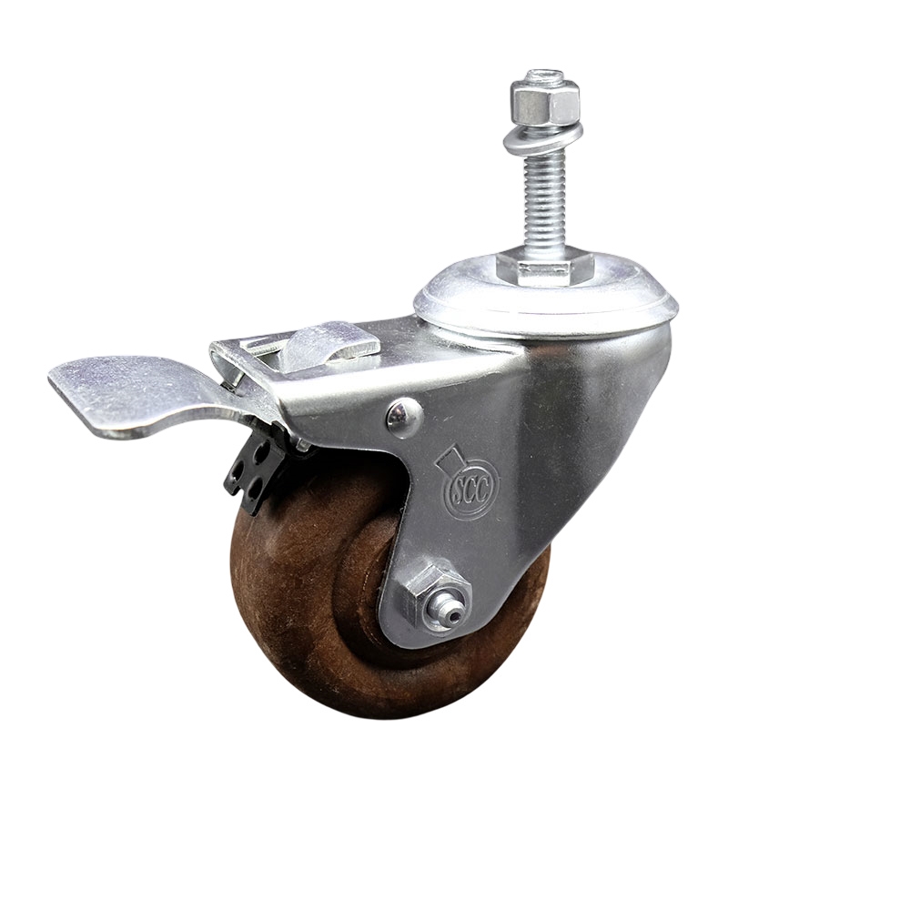 High Temp Glass Filled Nylon Swivel Threaded Stem Caster w/3.5" x 1.25" Brown Wheel and 3/8" Stem & Total Locking Brake - 350 lbs Capacity/Caster - Service Caster Brand — photo 1