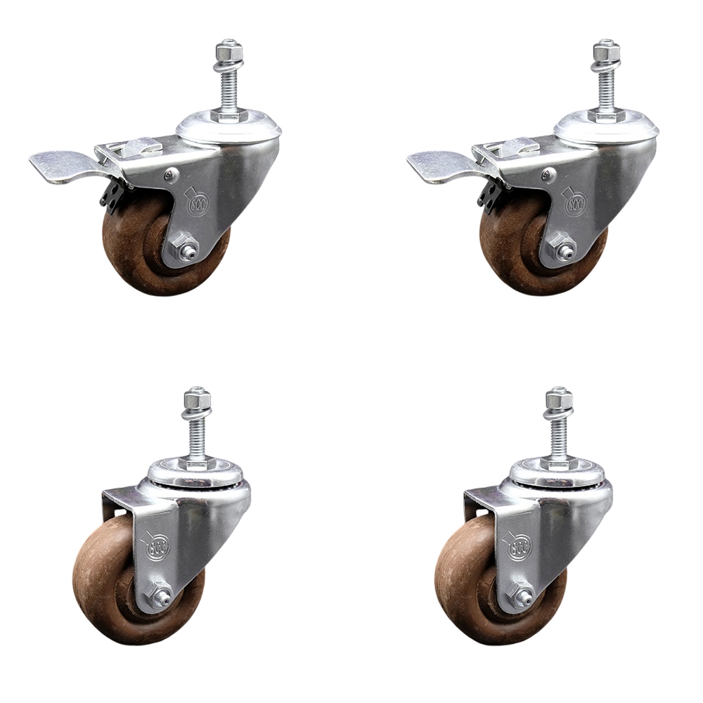 High Temp Glass Filled Nylon Swivel Threaded Stem Caster Set of 4 w/3.5" x 1.25" Brown Wheels and 10MM Metric Stems - Includes 2 with Total Locking Brake - 1400 lbs Total Capacity-Service Caster Brand — photo 1