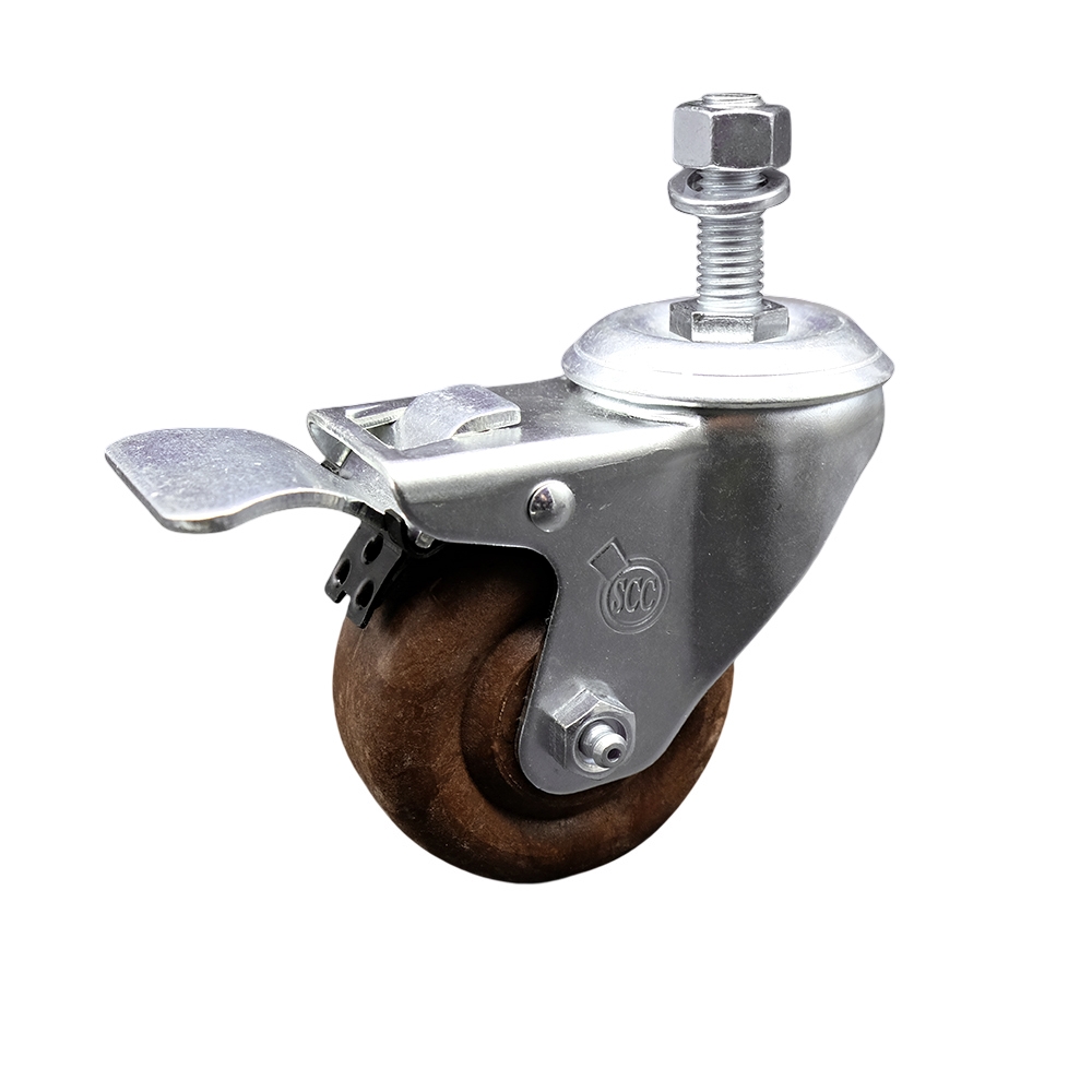 High Temp Glass Filled Nylon Swivel Threaded Stem Caster w/3.5" x 1.25" Brown Wheel and 12MM Metric Stem & Total Locking Brake - 350 lbs Capacity/Caster - Service Caster Brand — photo 1