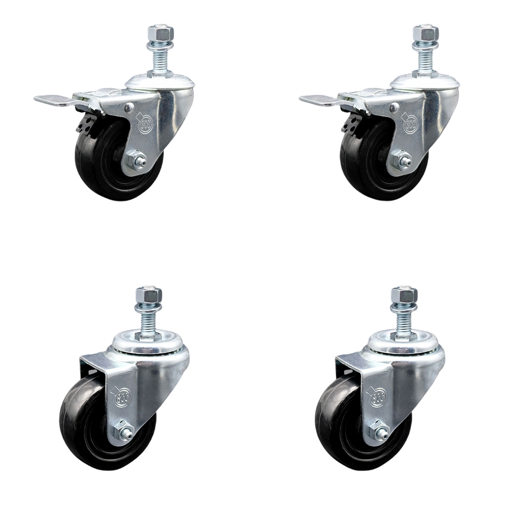 Hard Rubber Swivel Threaded Stem Caster Set of 4 w/3.5" x 1.25" Black Wheels and 1/2" Stems - Includes 2 with Total Locking Brake - 1100 lbs Total Capacity - Service Caster Brand — photo 1