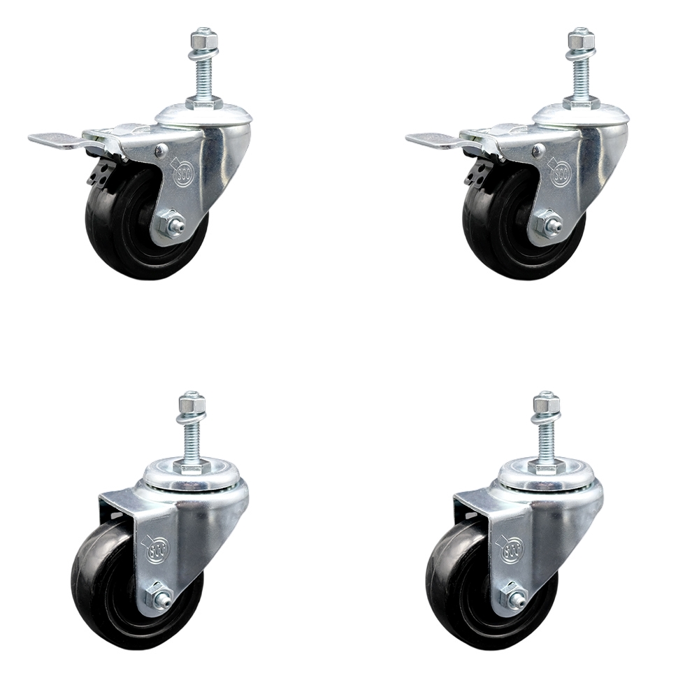 Hard Rubber Swivel Threaded Stem Caster Set of 4 w/3.5" x 1.25" Black Wheels and 3/8" Stems - Includes 2 with Total Locking Brake - 1100 lbs Total Capacity - Service Caster Brand — photo 1