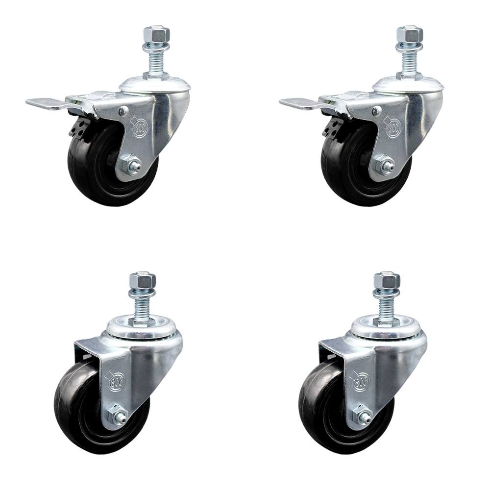 Hard Rubber Swivel Threaded Stem Caster Set of 4 w/3.5" x 1.25" Black Wheels and 12MM Metric Stems - Includes 2 with Total Locking Brake - 1100 lbs Total Capacity - Service Caster Brand — photo 1