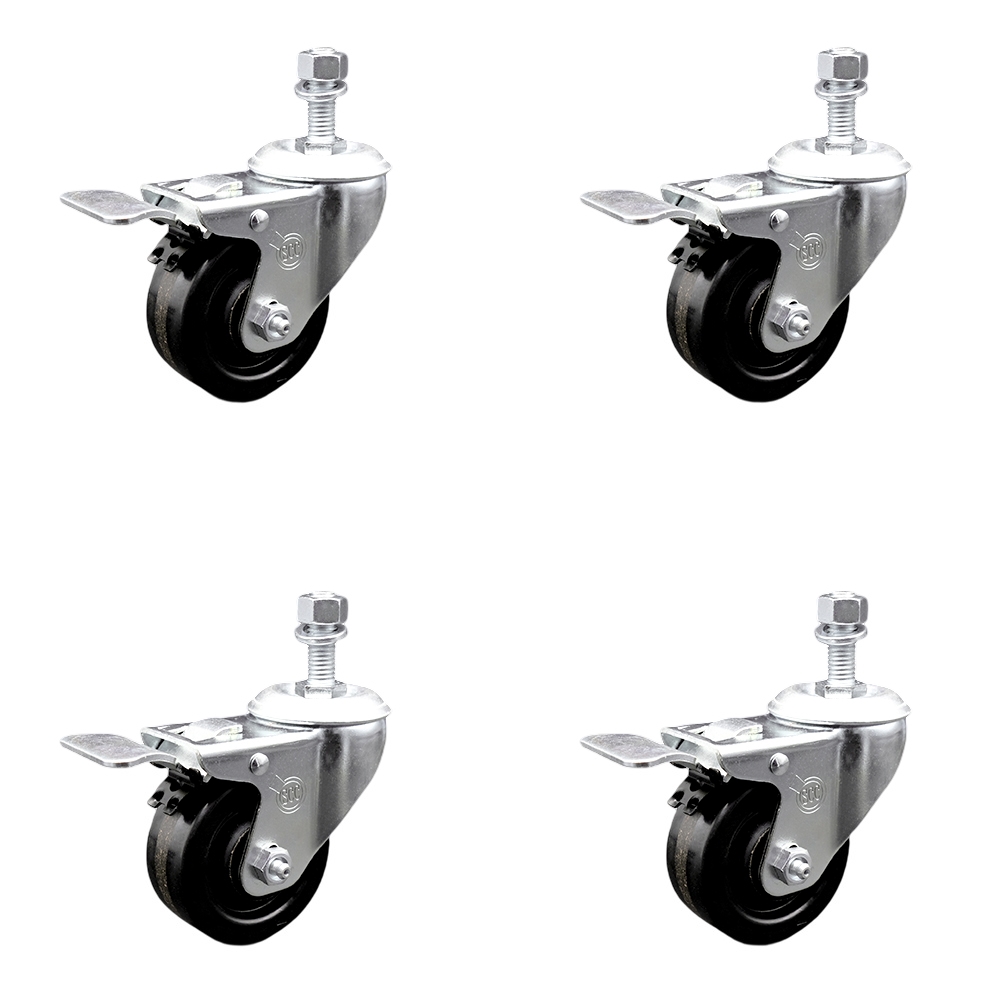 Phenolic Swivel Threaded Stem Caster w/Roller Bearing Set of 4 w/3.5" x 1.25" Black Wheels and 1/2" Stems - Includes 4 with Total Lock Brakes - 1200 lbs Total Capacity - Service Caster Brand — photo 1