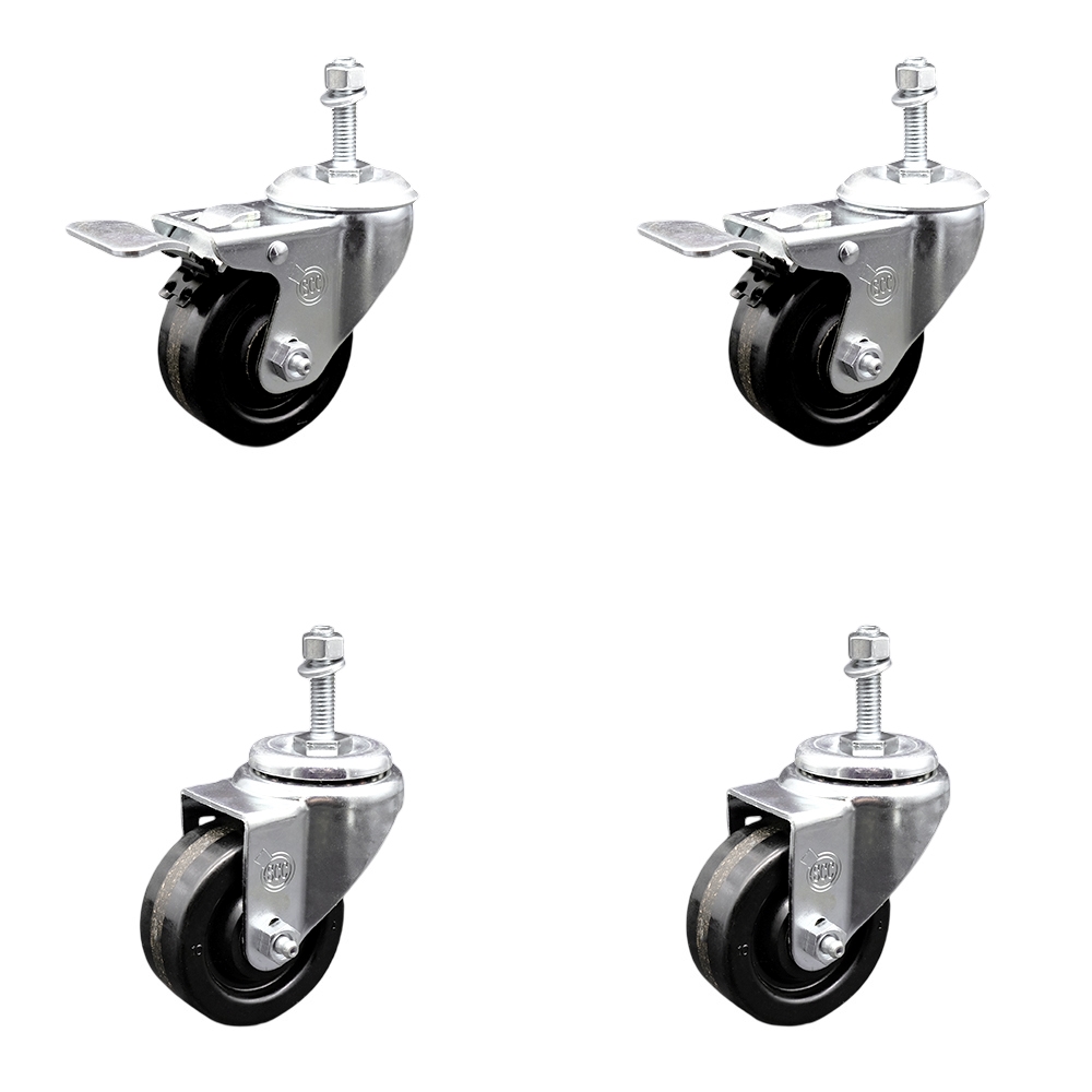 Phenolic Swivel Threaded Stem Caster Set of 4 w/Roller Bearing - 3.5" x 1.25" Black Wheels and 3/8" Stems - Includes 2 with Total Locking Brake - 1200 lbs Total Capacity - Service Caster Brand — photo 1
