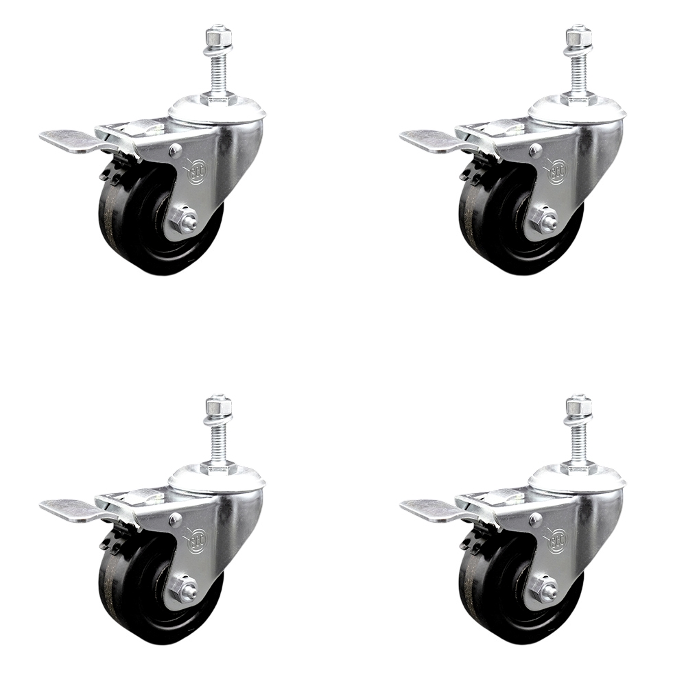 Phenolic Swivel Threaded Stem Caster w/Roller Bearing Set of 4 w/3.5" x 1.25" Black Wheels and 3/8" Stems - Includes 4 with Total Lock Brakes - 1200 lbs Total Capacity - Service Caster Brand — photo 1