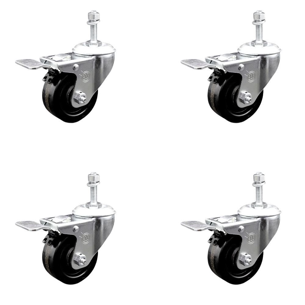 Phenolic Swivel Threaded Stem Caster w/Roller Bearing Set of 4 w/3.5" x 1.25" Black Wheels and 10mm Stems - Includes 4 with Total Lock Brakes - 1200 lbs Total Capacity - Service Caster Brand — photo 1