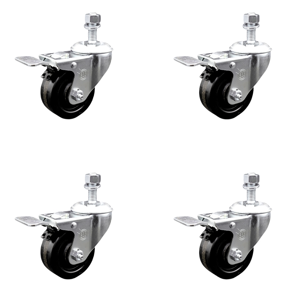 Phenolic Swivel Threaded Stem Caster w/Roller Bearing Set of 4 w/3.5" x 1.25" Black Wheels and 12mm Stems - Includes 4 with Total Lock Brakes - 1200 lbs Total Capacity - Service Caster Brand — photo 1