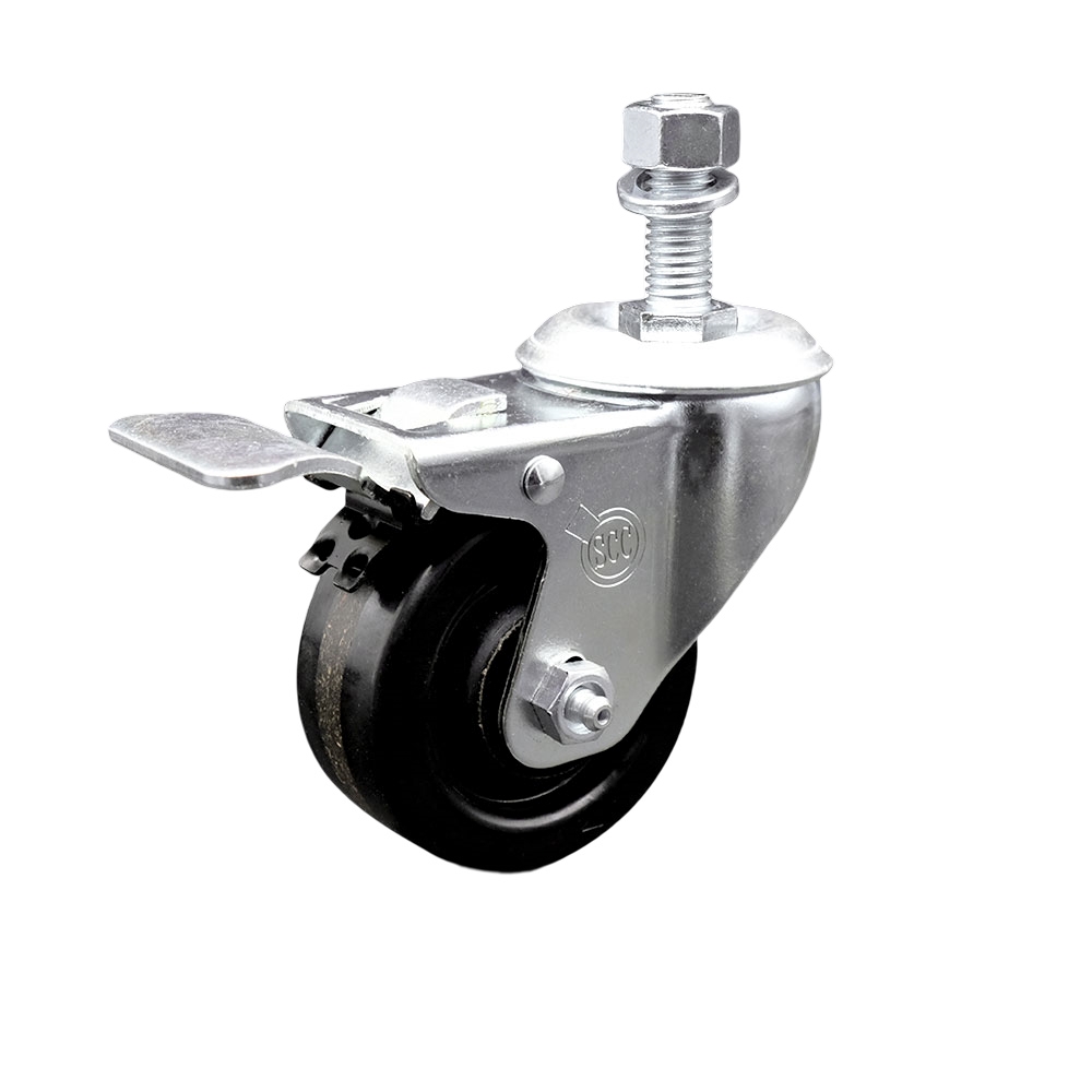 Phenolic Swivel Threaded Stem Caster w/Roller Bearing - 3.5" x 1.25" Black Wheel and 12MM Metric Stem & Total Locking Brake - 300 lbs Capacity/Caster - Service Caster Brand — photo 1