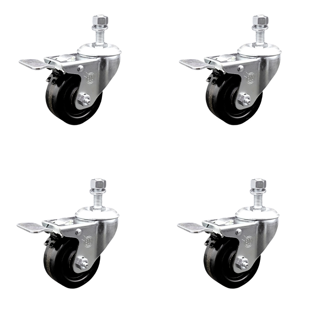 Phenolic Swivel Threaded Stem Caster Set of 4 w/3.5" x 1.25" Black Wheels and 1/2" Stems - Includes 4 with Total Lock Brakes - 1200 lbs Total Capacity - Service Caster Brand — photo 1