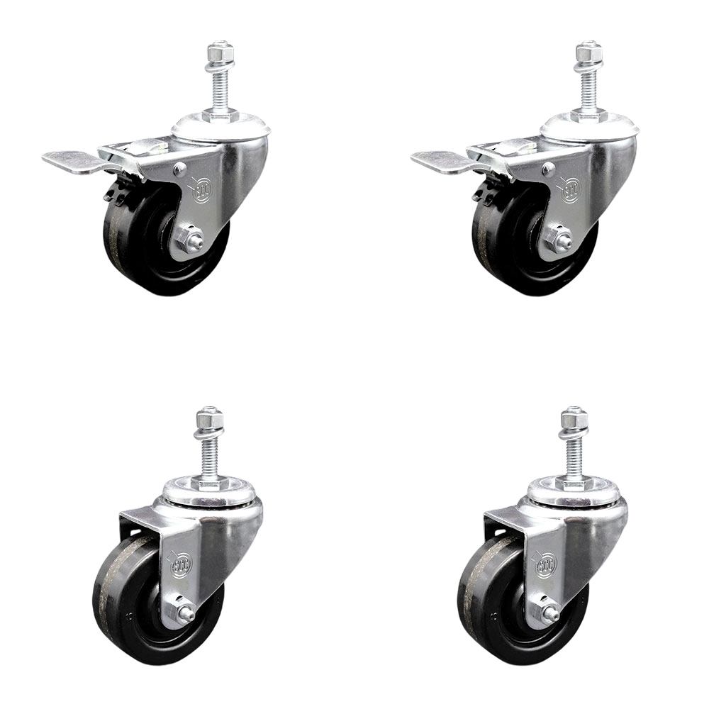 Phenolic Swivel Threaded Stem Caster Set of 4 w/3.5" x 1.25" Black Wheels and 10MM Metric Stems - Includes 2 with Total Locking Brake - 1200 lbs Total Capacity - Service Caster Brand — photo 1