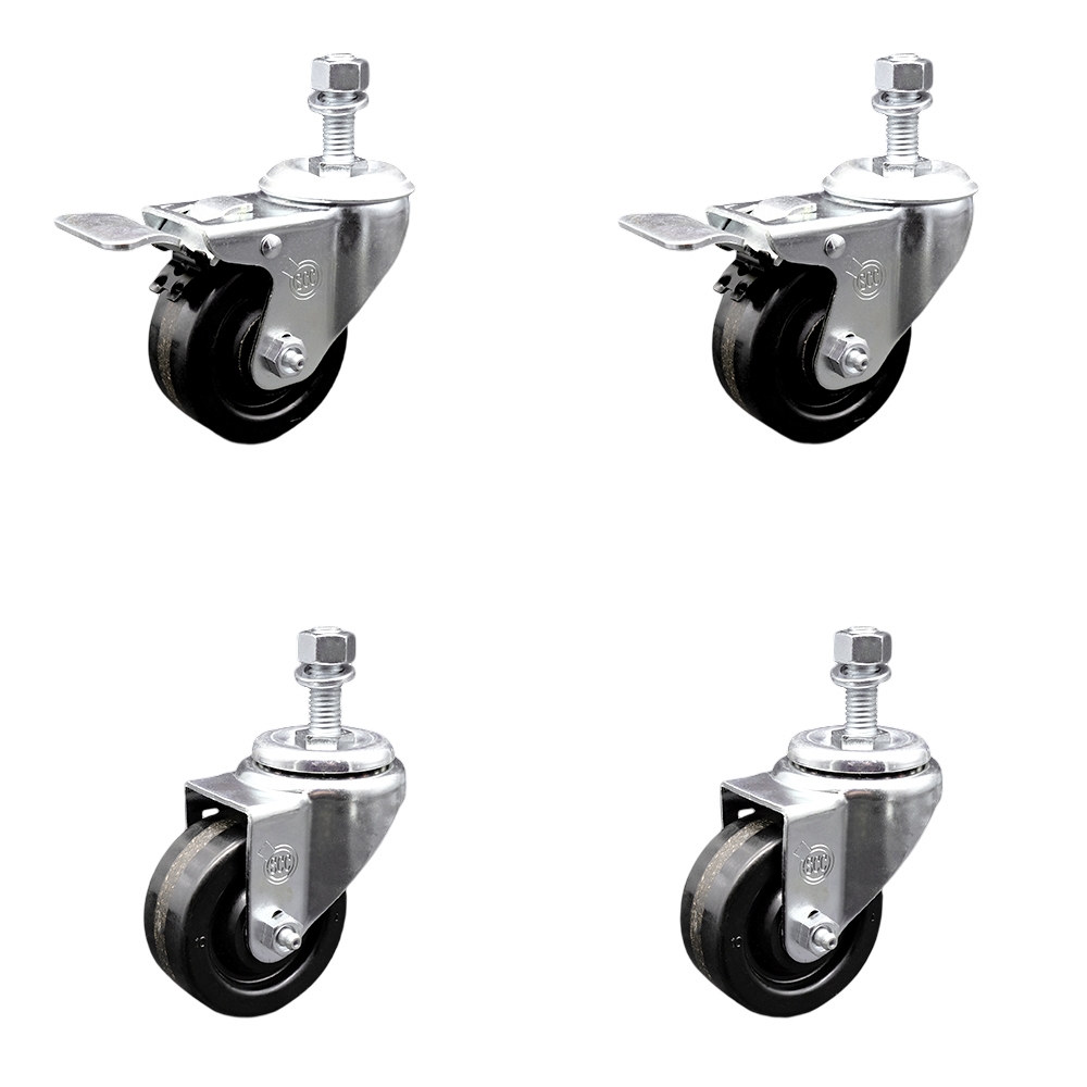 Phenolic Swivel Threaded Stem Caster Set of 4 w/3.5" x 1.25" Black Wheels and 12MM Metric Stems - Includes 2 with Total Locking Brake - 1200 lbs Total Capacity - Service Caster Brand — photo 1