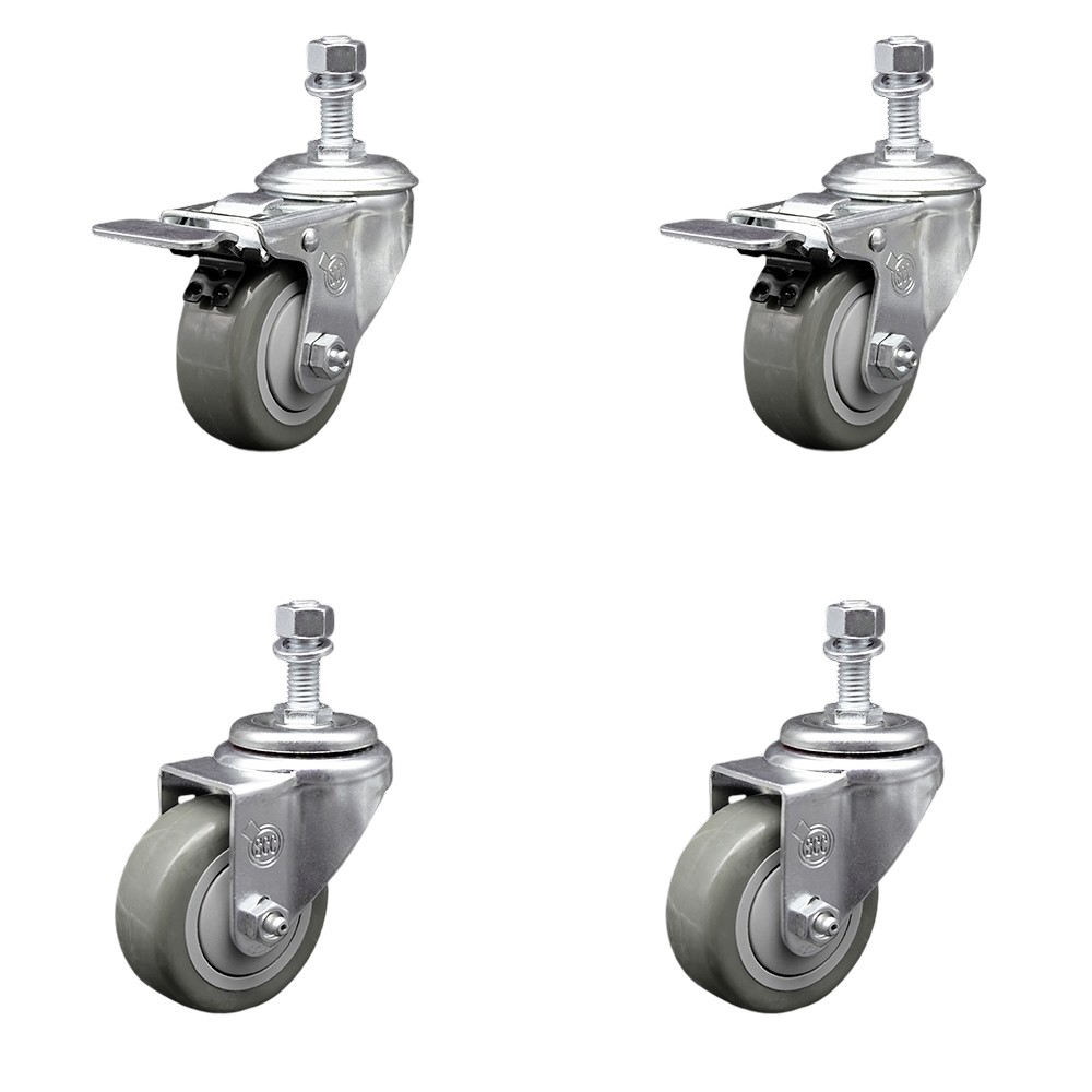Polyurethane Swivel Threaded Stem Caster Set of 4 w/3.5" x 1.25" Gray Wheels and 1/2" Stems - Includes 2 with Total Locking Brake - 1200 lbs Total Capacity - Service Caster Brand — photo 1