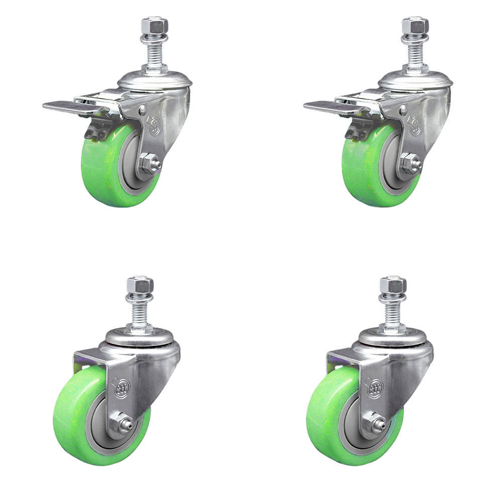 Polyurethane Swivel Threaded Stem Caster Set of 4 w/3.5" x 1.25" Green Wheels and 1/2" Stems - Includes 2 with Total Locking Brake - 1200 lbs Total Capacity - Service Caster Brand — photo 1