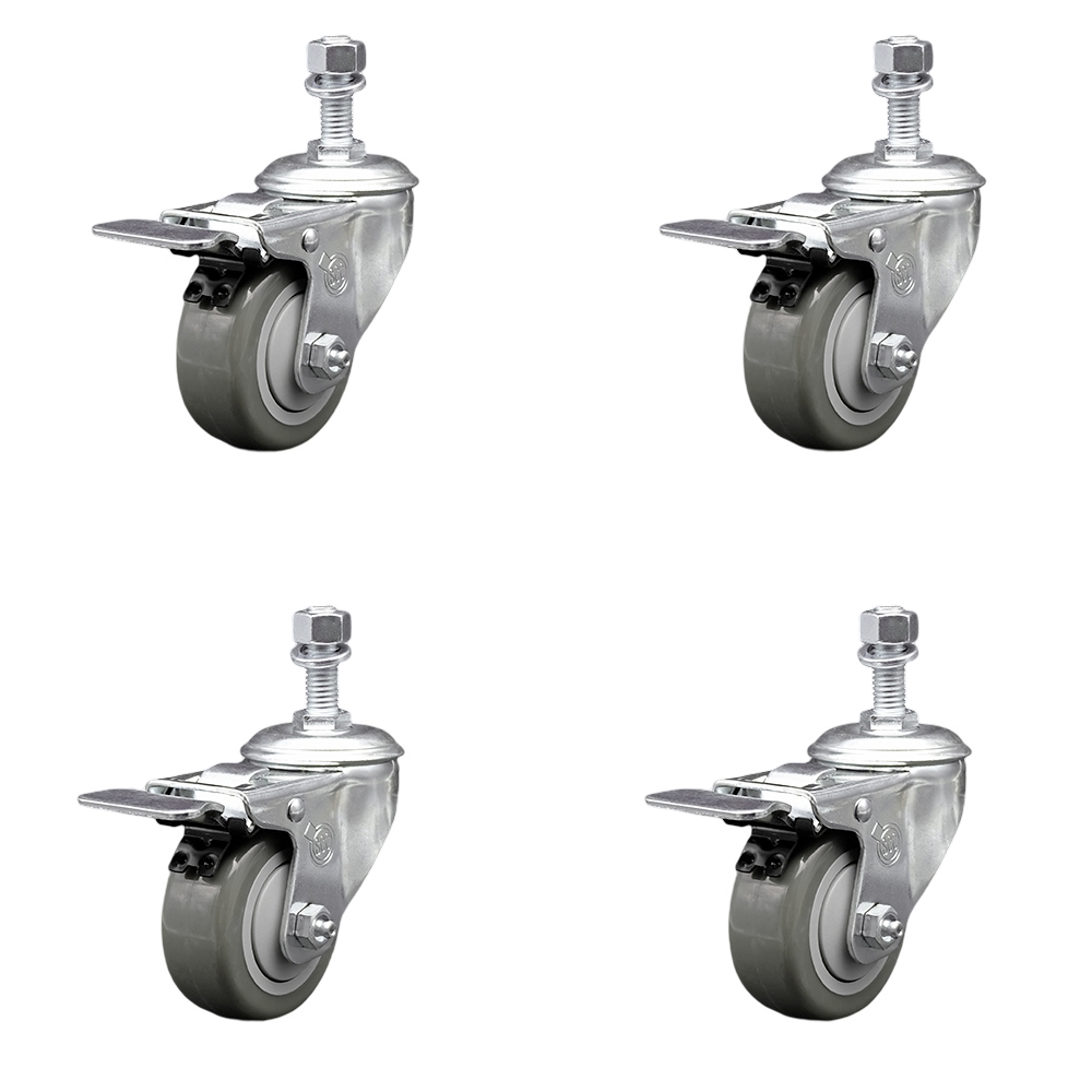 Polyurethane Swivel Threaded Stem Caster Set of 4 w/3.5" x 1.25" Gray Wheels and 1/2" Stems - Includes 4 with Total Lock Brakes - 1200 lbs Total Capacity - Service Caster Brand — photo 1
