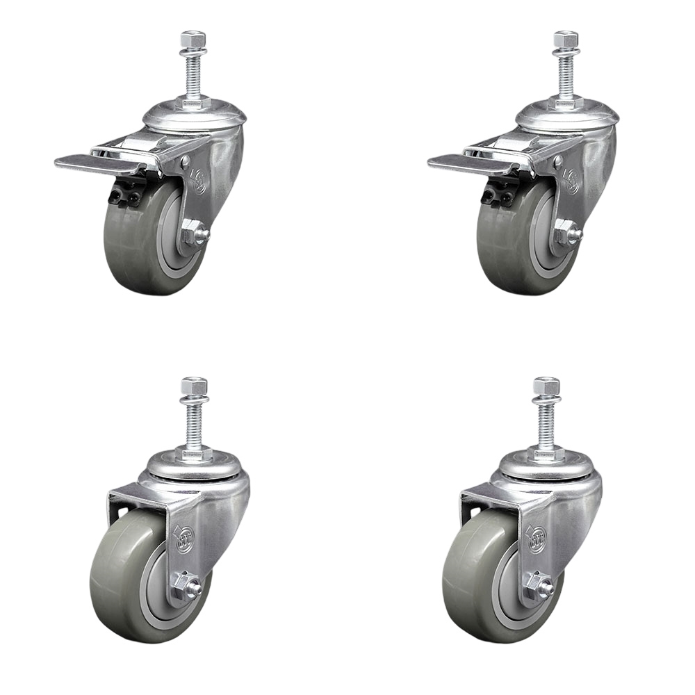 Polyurethane Swivel Threaded Stem Caster Set of 4 w/3.5" x 1.25" Gray Wheels and 3/8" Stems - Includes 2 with Total Locking Brake - 1200 lbs Total Capacity - Service Caster Brand — photo 1