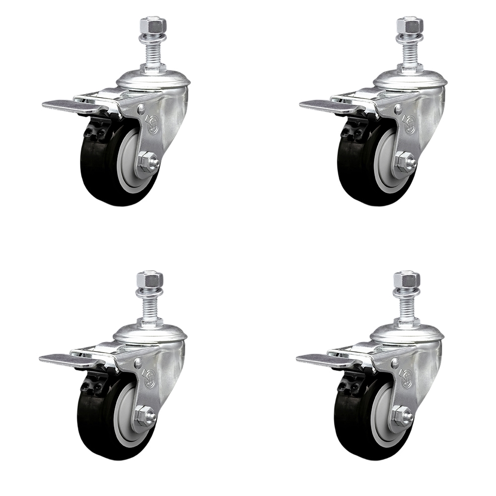 Polyurethane Swivel Threaded Stem Caster Set of 4 w/3.5" x 1.25" Black Wheels and 1/2" Stems - Includes 4 with Total Lock Brakes - 1200 lbs Total Capacity - Service Caster Brand — photo 1